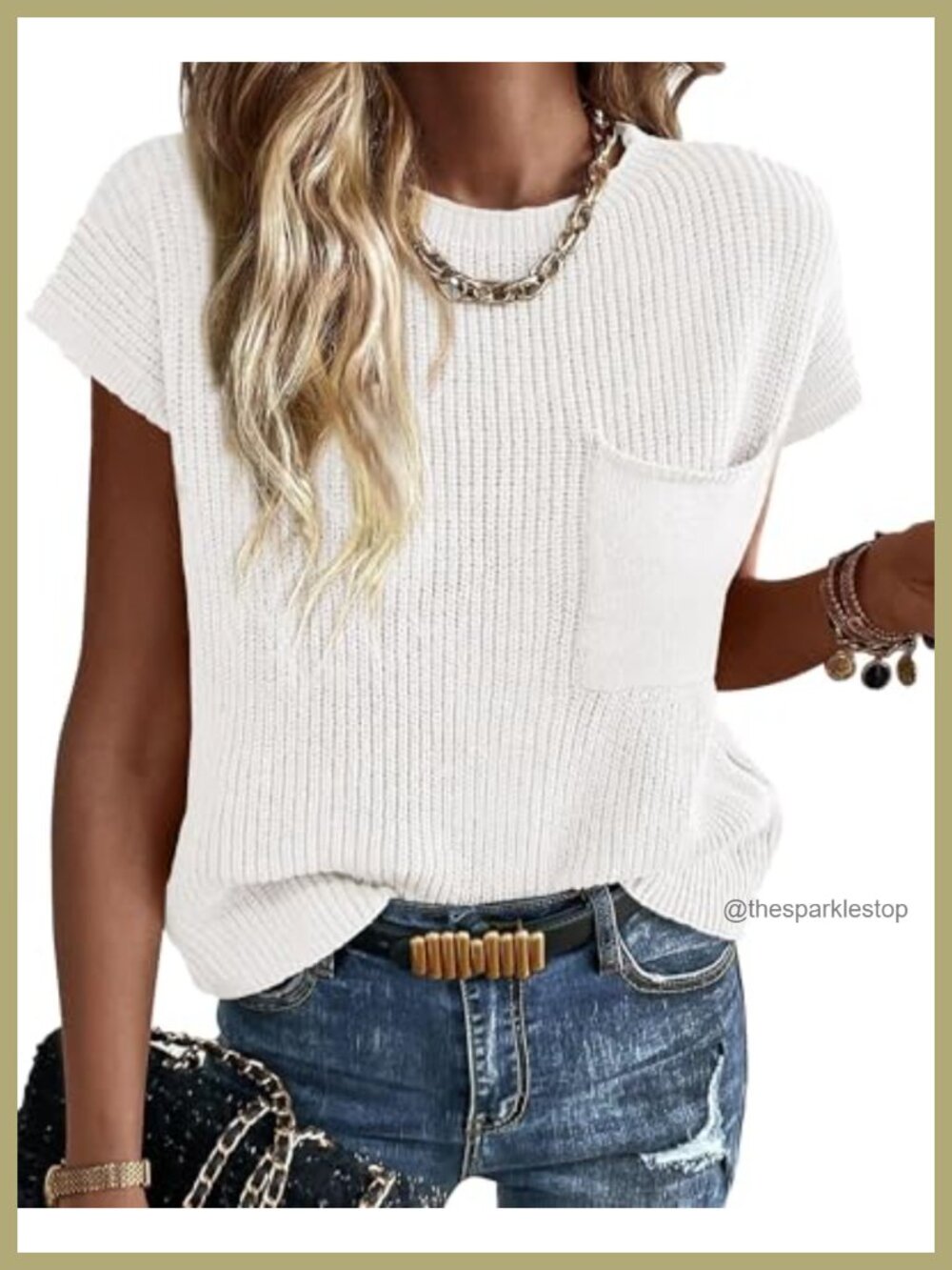 Short Sleeve Sweater for Women Cotton Ribbed Knit Cap Sleeve Crew Neck